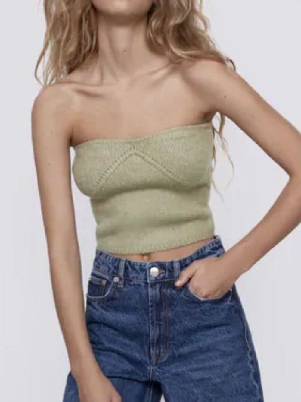 Zara Ribbed Strapless Knit Tube Top in Sage Green